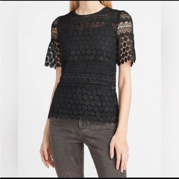 Express Tops - NWT Express Black Lace Puff Sleeve Crew Neck Top
